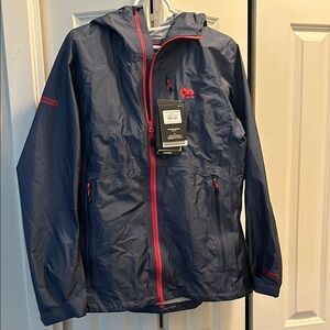 Outdoor Research Helium Ascent Shell Navy Rain Jacket with Red Accents